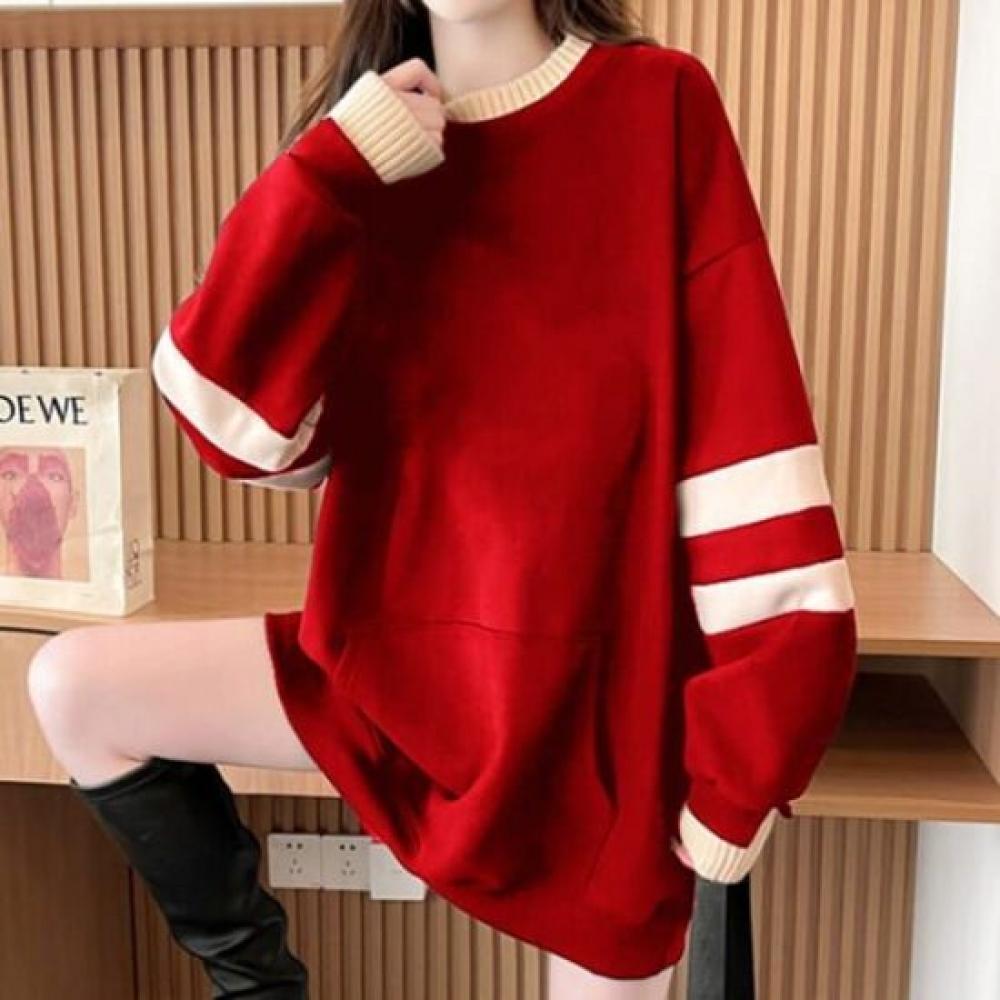 Navava Women Warm Loose Fit Color Block Fleece Long Sleeve Sweatshirt Nt3102