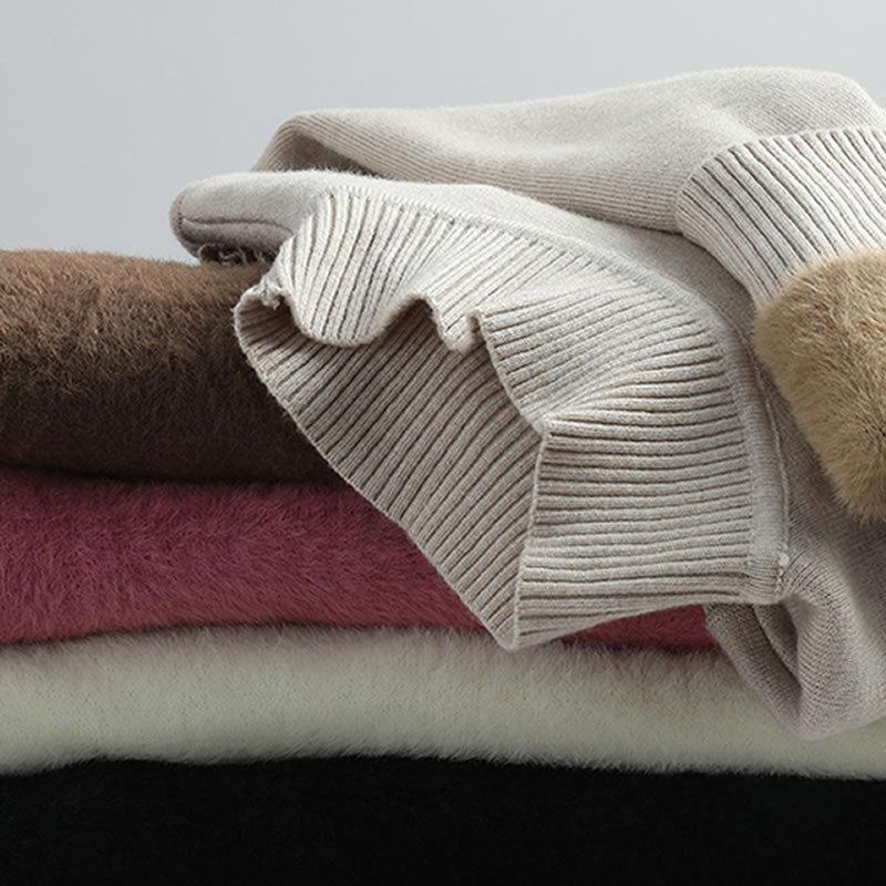 Höst och vinter Rundhalsad Kort topp Lös Pullover Enfärgad Långhårig tröja Tjock Mohair Bottoming Shirt