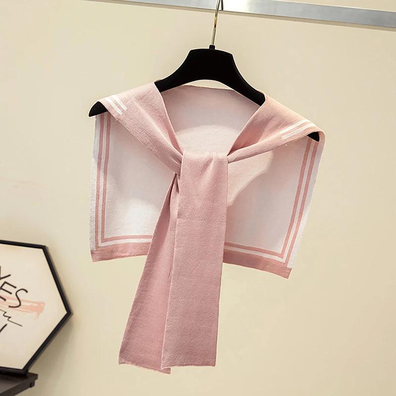 Korean College Navy Stripe Wool Knit Shoulder Cape Knotted Warm Shawl Summer Air Conditioned Room Protect Neck Woman's Scarf