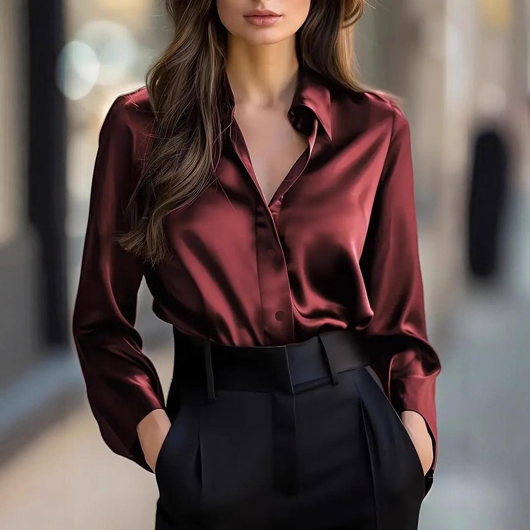 Damen Satin Button-Down Hemd, Reverskragen Langarmbluse, Mehrere Farboptionen M bordeaux