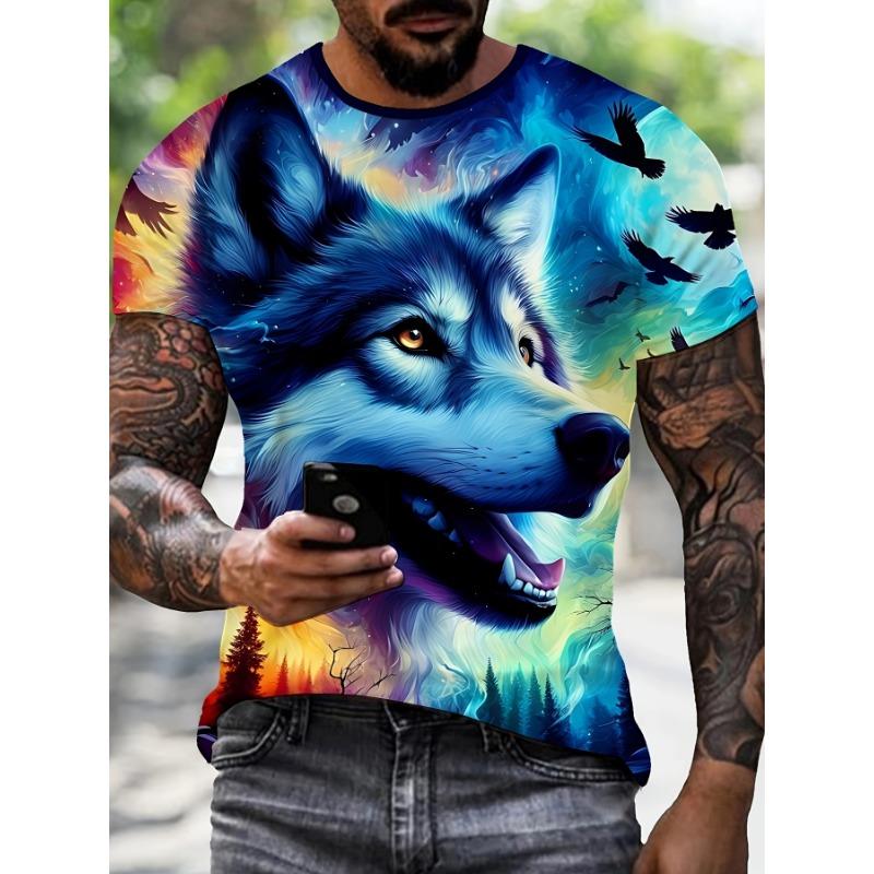 Herren Blau Wolf 3D Gedrucktes T-Shirt Lässig Kurzarm Rundhals Oberteil Cool Mystisches Tier Grafik-T-Shirt Abstrakte Galaxie Kunst Sommer Streetwear Kleidung