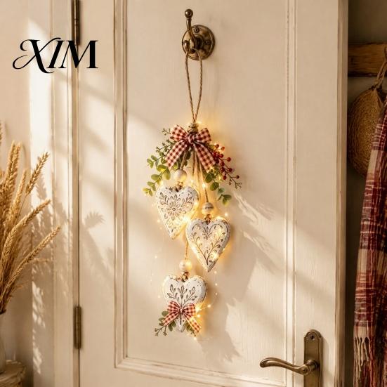 Wooden Hanging Ornaments for Home Heart-Shaped Decorative with LED Light, Rustic Farmhouse Heart Wall Pendant Indoor Decorations Bedroom Vintage Beads