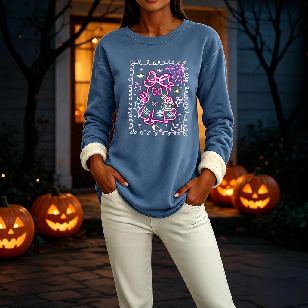 Women's -Lined Long Sleeve Round Neck Halloween Printed Casual Top for Winter