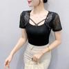 Summer Mesh Black T-shirt Chic Cross Hollow Out Hot Diamonds Tees Sexy Square Collar Short Sleeve Women's Tops Blouse
