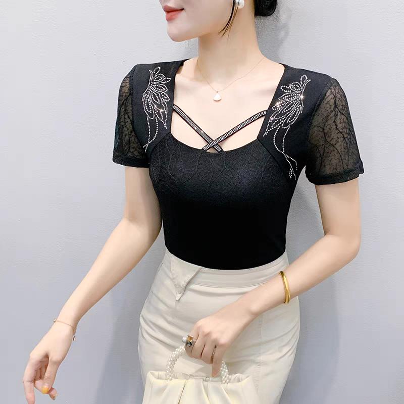 Summer Mesh Black T-shirt Chic Cross Hollow Out Hot Diamonds Tees Sexy Square Collar Short Sleeve Women's Tops Blouse