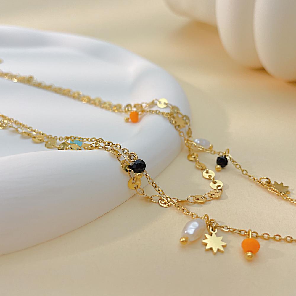 OPK Collier de perles en acier inoxydable Double couche pour femme