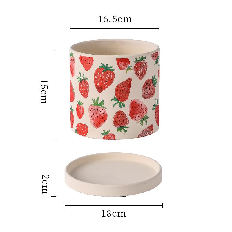 Creative Cartoon Fruit Ceramic Flower Pot Plant Flower Pot with Tray Cylindrical Countertop Flower Pot Living Room Garden Decor