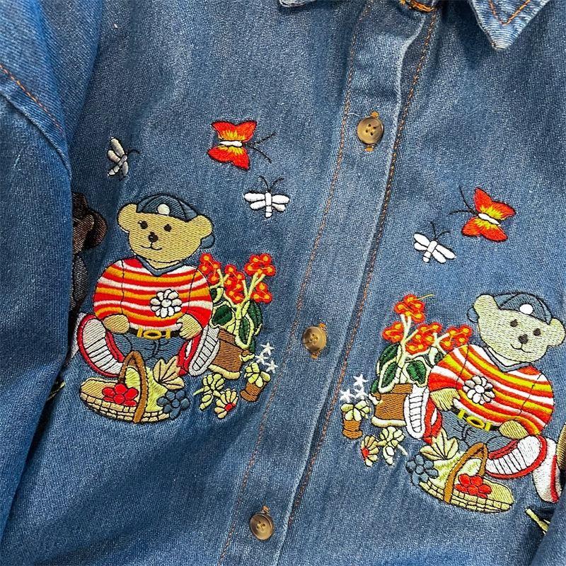 Broderte Teddybjørn Denim Dameskjorter Sommer Løse Kortarmede Bluser Amerikansk Retro Nedbrettskrage Cardigan