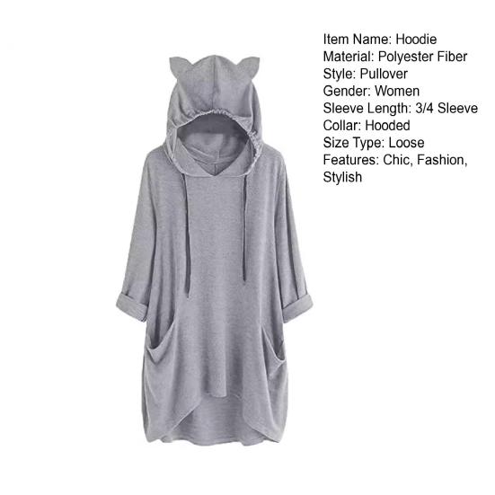 Women Long Pullover Hoodie Irregular Hem 3/4 Sleeve Sweatshirts Cat Ear Hooded Tunic Tops with Pockets