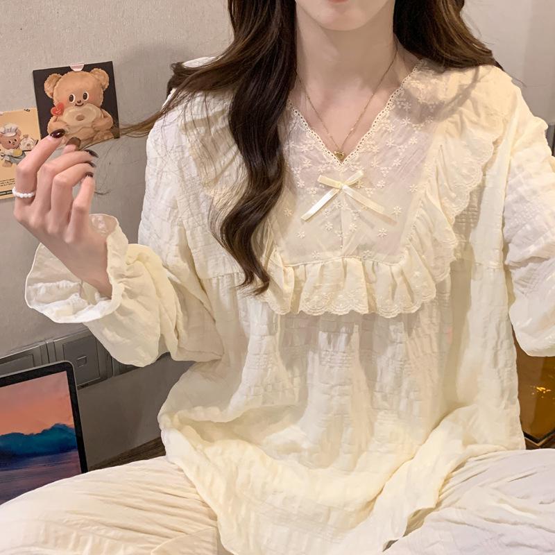 Japanese-Style Lace Bubble Crepe Pajamas for Women - Spring Long Sleeve Solid Color