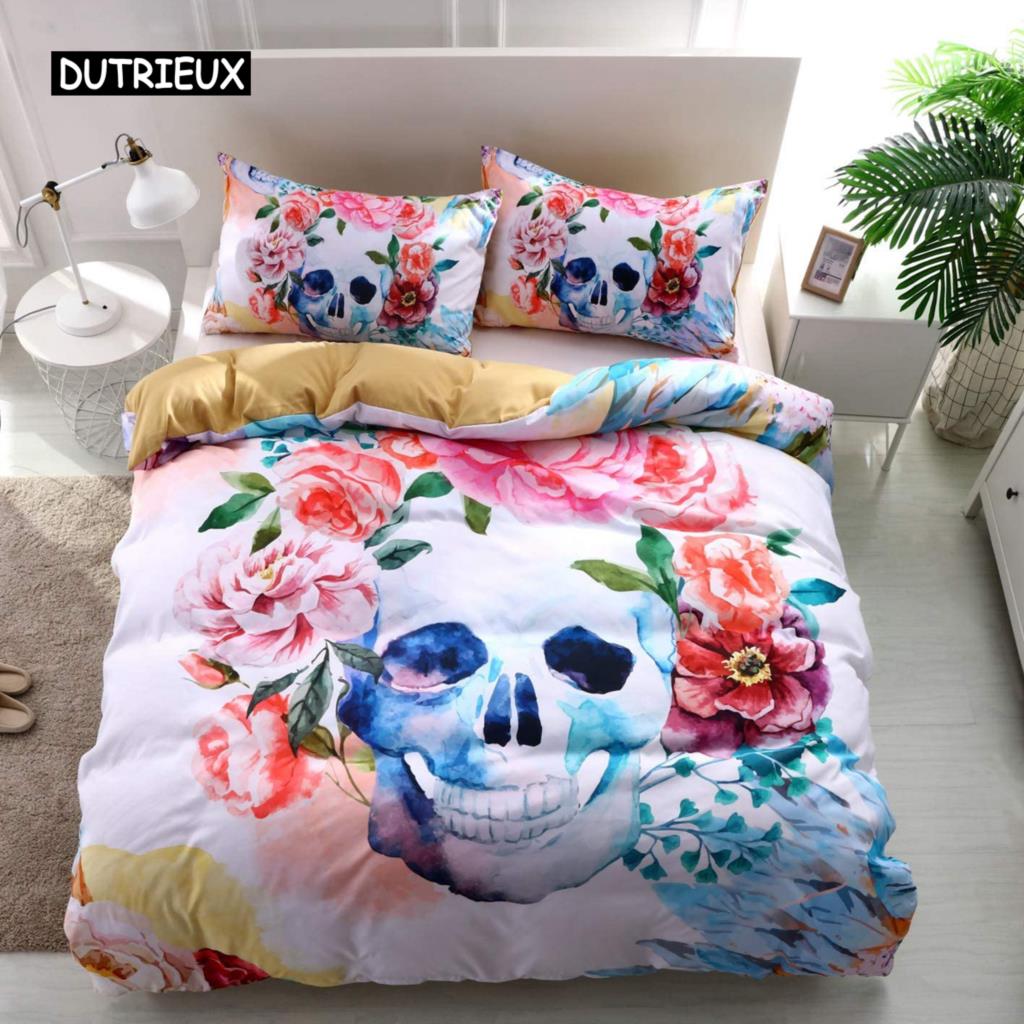 Sugar Skull Duvet Cover Set 3D Printed Gothic Bedding Soft Comforter with Zipper 2 Pillow Shams