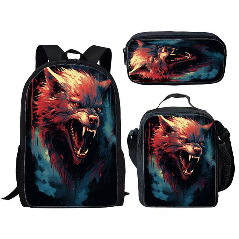 Animal Wolf Three Piece Set for Children and Elementary School Students, Large Capacity Backpack, Meal Pack, Pen Bag