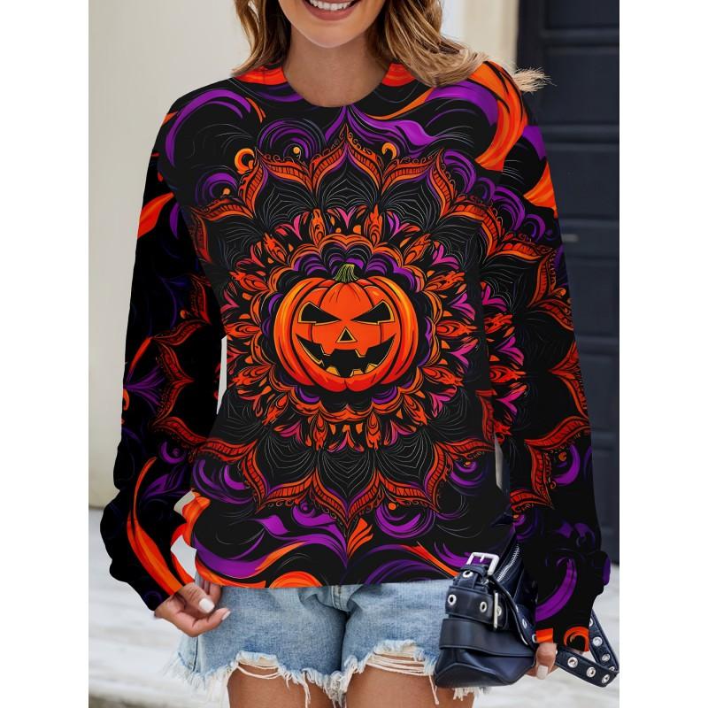 Womens Casual Hoodie With 3D Halloween Print Round Neck Lightweight Breathable Fabric