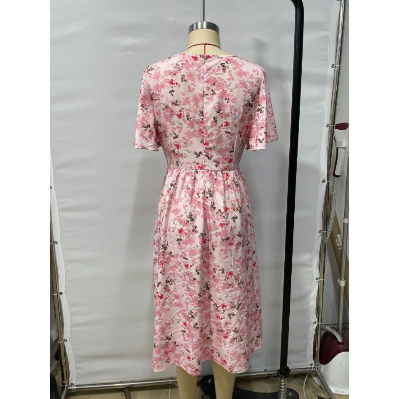 Women Floral Print Midi Dress V Neck Flutter Sleeve Waist Tie Casual Daily And Party Wear