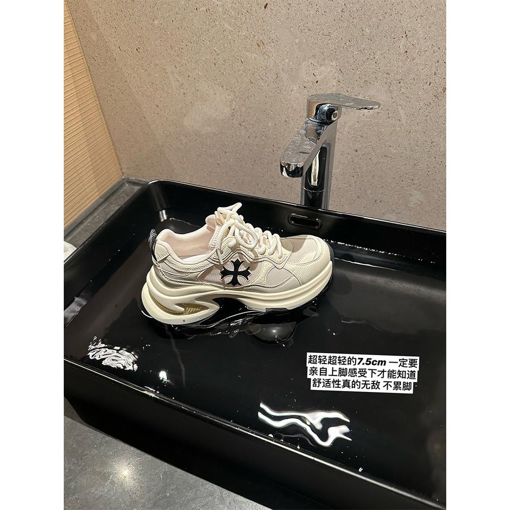 Cowhide Heightening 7.5cm Cross Flower Platform Casual Sports Shoes Female Dad Shoes Running Shoes