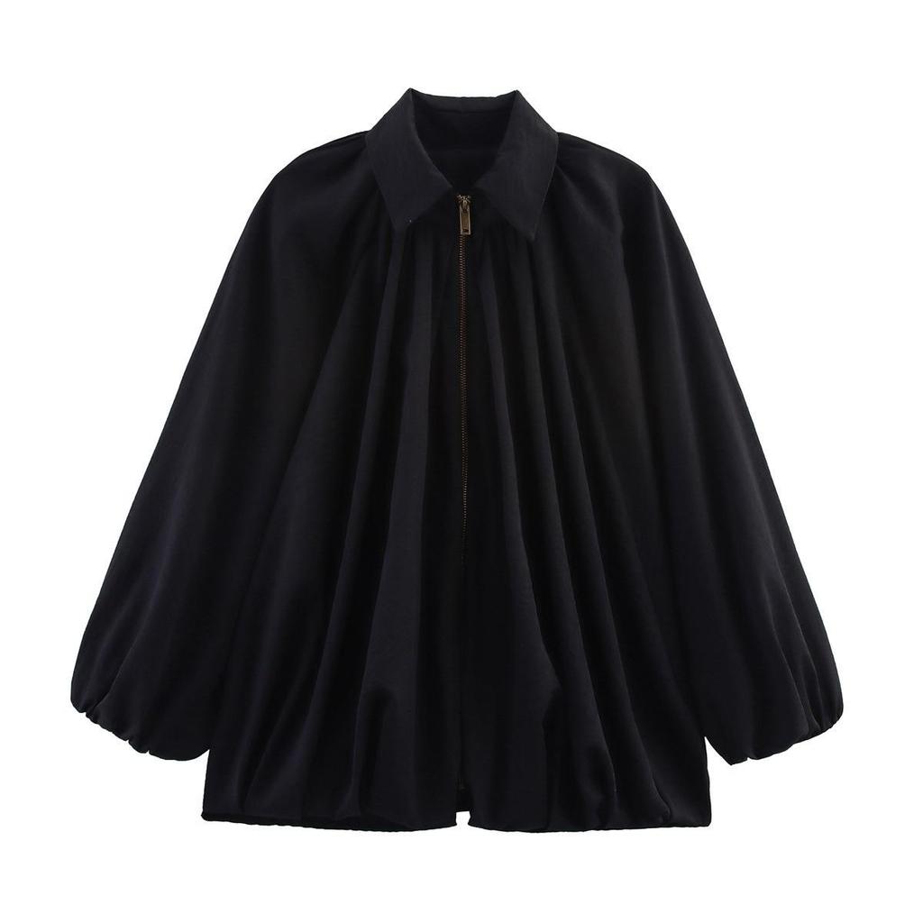 European and American Women's Loose Puff Sleeve Bomber Jacket with Turn-Down Collar