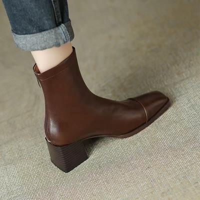 Fashion 2024 Spring and Autumn New Women's Bare Boots with Zipper Rear Leather Face Versatile and Comfortable Single Boots for Women