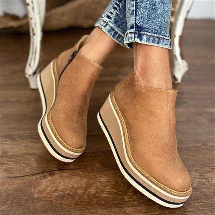new European and American flat-bottomed wedge short boots side zipper round head solid color bare boots thick-soled retro leather boots