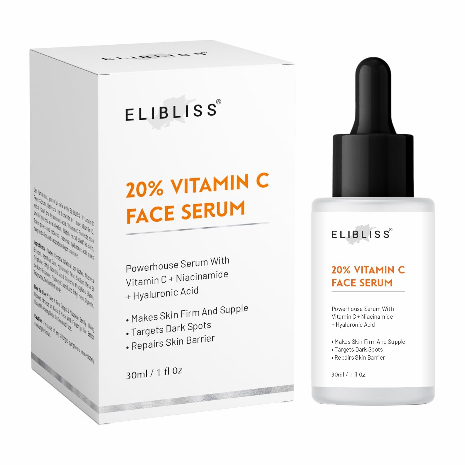 Elibliss Сыворотка для лица с 20% витамином С и ниацинамидом | Осветляющая и антивозрастная сыворотка для сияющей кожи, уменьшает пигментные пятна, восстанавливает кожный барьер
