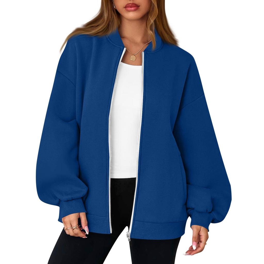 Women's Fashion Long Sleeve Color V-Neck Loose Oversize Zipper Jacket