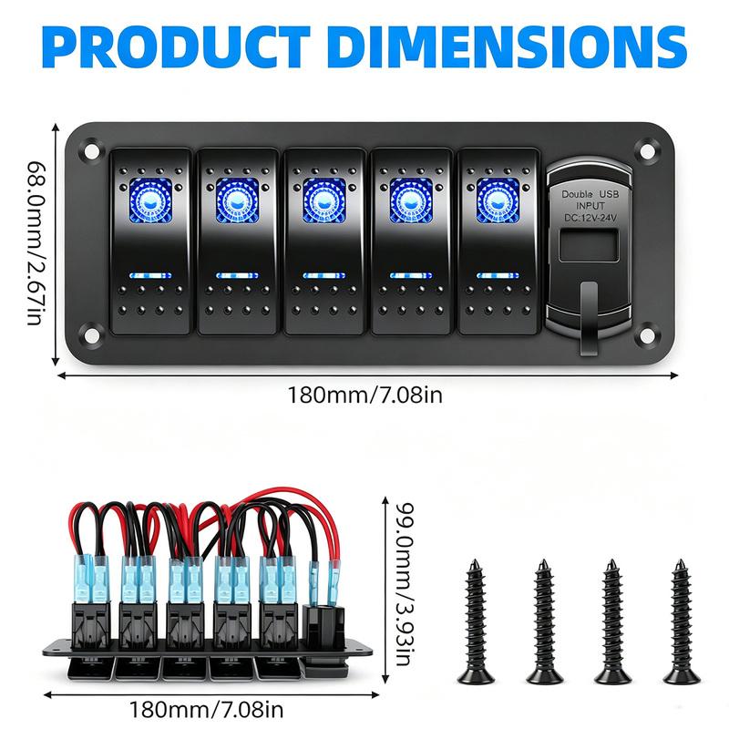 5 Gang Switch Panel With 4.8 Dual USB Port 12V Digital Voltmeter For Car Yacht RV Boat Switch Panel 12-24V