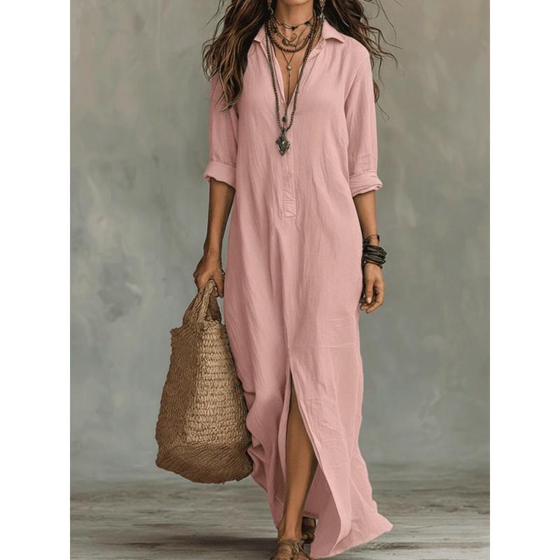 Boho Chic Long Maxi Dress With Shirt Collar Button Front Loose Fit Travel Casual Wear