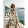 Women's V Neck Short Sleeve Midi Dress Loose Fit Relaxed Waist Elegant British Style 3D Printed Beach Coverup Casual Vacation Dress
