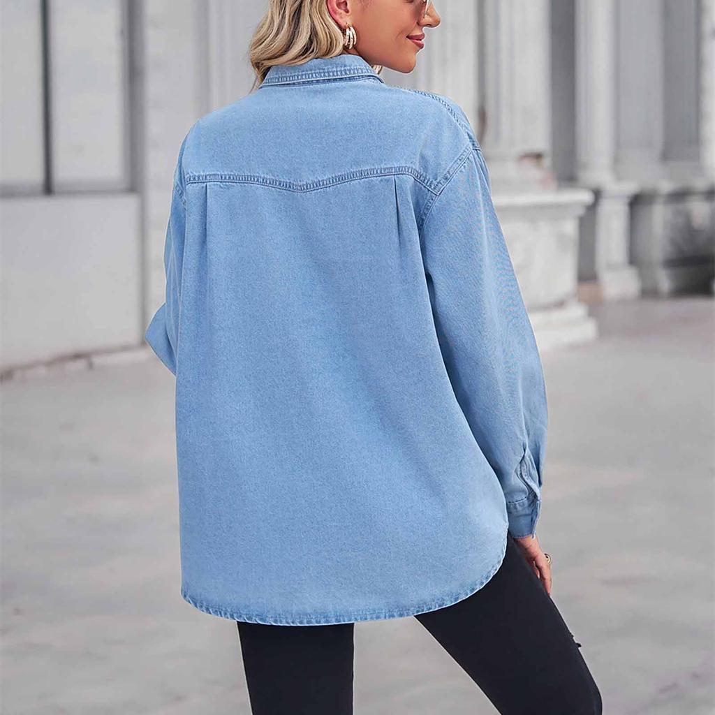 Women's Winter Vintage Classic Wide Long Sleeve Thin Loose Pocket Denim Shirt Coat