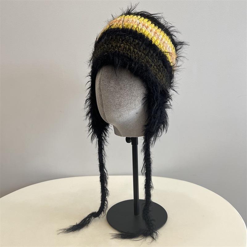 College style rabbit hair wool contrasting colors women's autumn and winter warm wool feeling outdoor cold ear protection flying hat