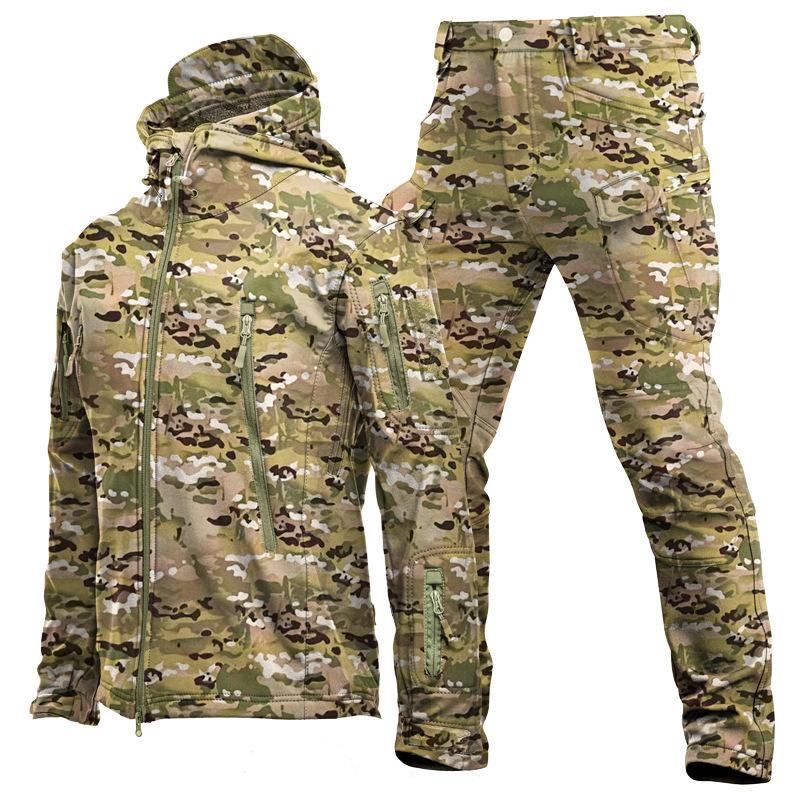 Men's Outdoor Warm-up Set - Camouflage Lined Thick Jacket and Pants, Soft-shell Jacket Set