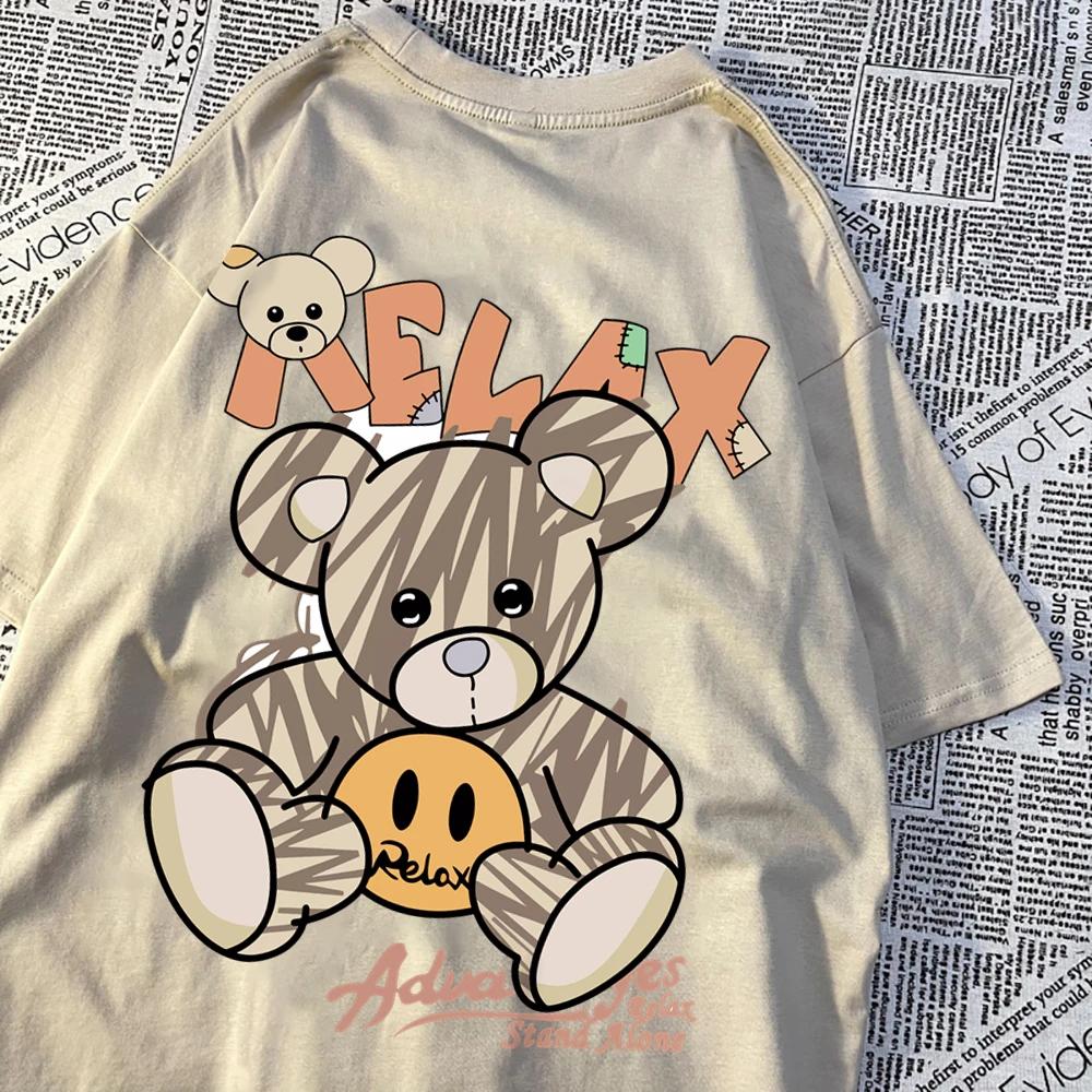 Relax Oneself Teddy Bear Men Women T-Shirt Street Cotton T Shirt Crewneck Breathable Tops Loose Summer T Shirt Crewneck Fashion