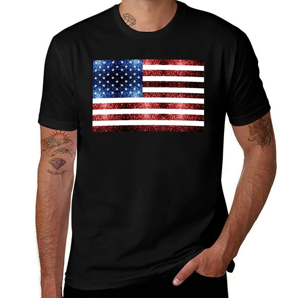USA flag red blue faux sparkles glitters TShirt Plus Size Outdoor Casual Top
