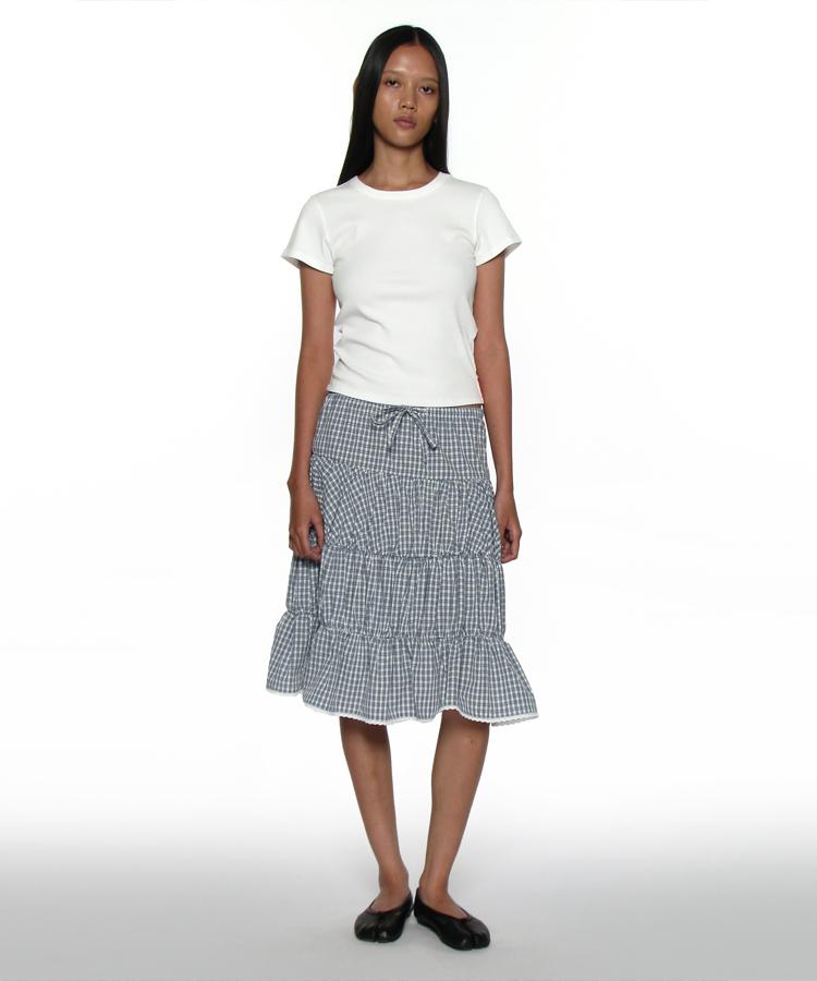 Partimento Woman Pwc Lace Trim Tiered Midi Skirt_Blue Check