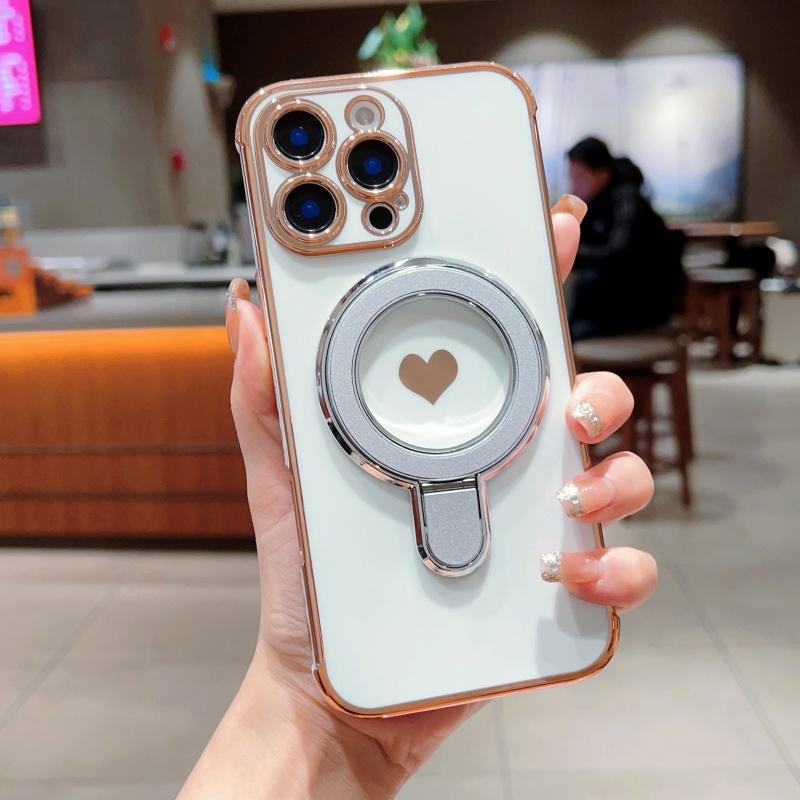 For Magsafe Plating Love Heart Bracket Wavy Case For iPhone 17 Air 16E 15 14 13 12 11 8 Pro Max Plus Magnetic Stand Holder Cover