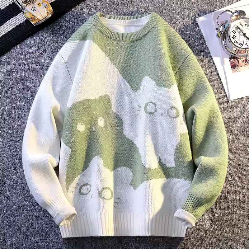 Cartoon Katze Strickpullover Herren Herbst/Winter Warmer Strickpullover Herren Pullover Hauskleidung