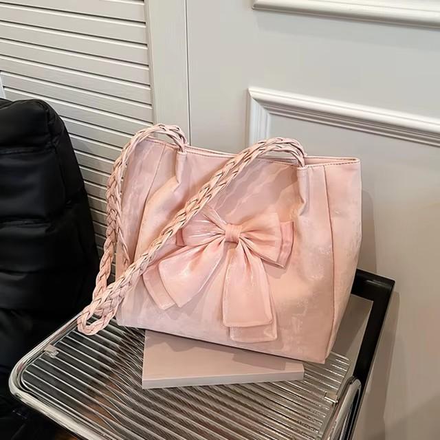 Women's Sweet Bowknot Tote Bag, Soft PU Leather Large Capacity Shoulder & Underarm Bag with Braided Handle for Daily Use