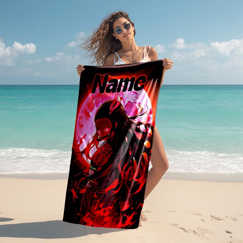 Personalized customized proof beach towel with Demon Slayer Nezuko pattern - soft, absorbent, quick-drying, perfect swimming, camping&bathing