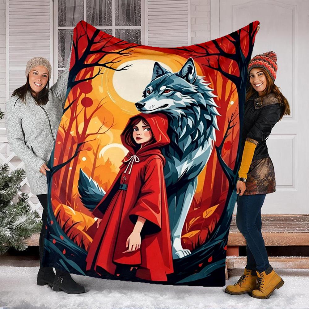 1pc Wolf Red Riding Hood Throw Blanket Polyester Fiber, Lightweight Flannel, Soft & Warm, All Season Use for Outdoor, Camping Digital Print