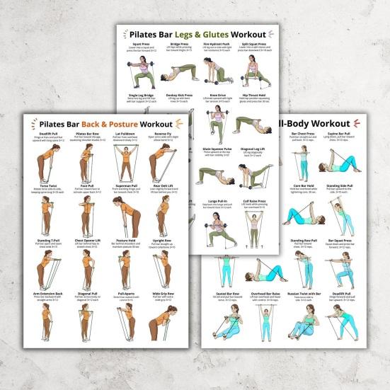 3ks Pilates tyč Plné tělo Cvičení Plakátová sada Noha Bok Paže Záda Postura Cvičební tabulka pro domácí posilovnu Laminované Fitness