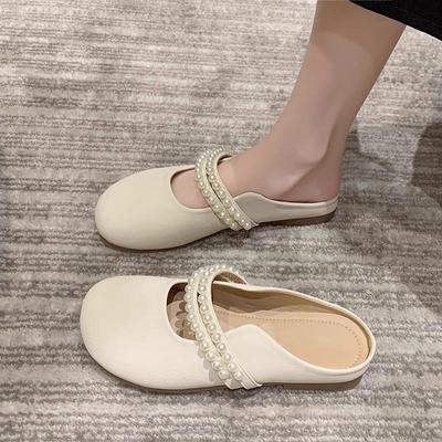 Baotou Half Slippers Women's Summer Wear 2025 New Fashion Internet Celebrity Pearl Half Support Single Shoes Soft Sole Fairy Sandals