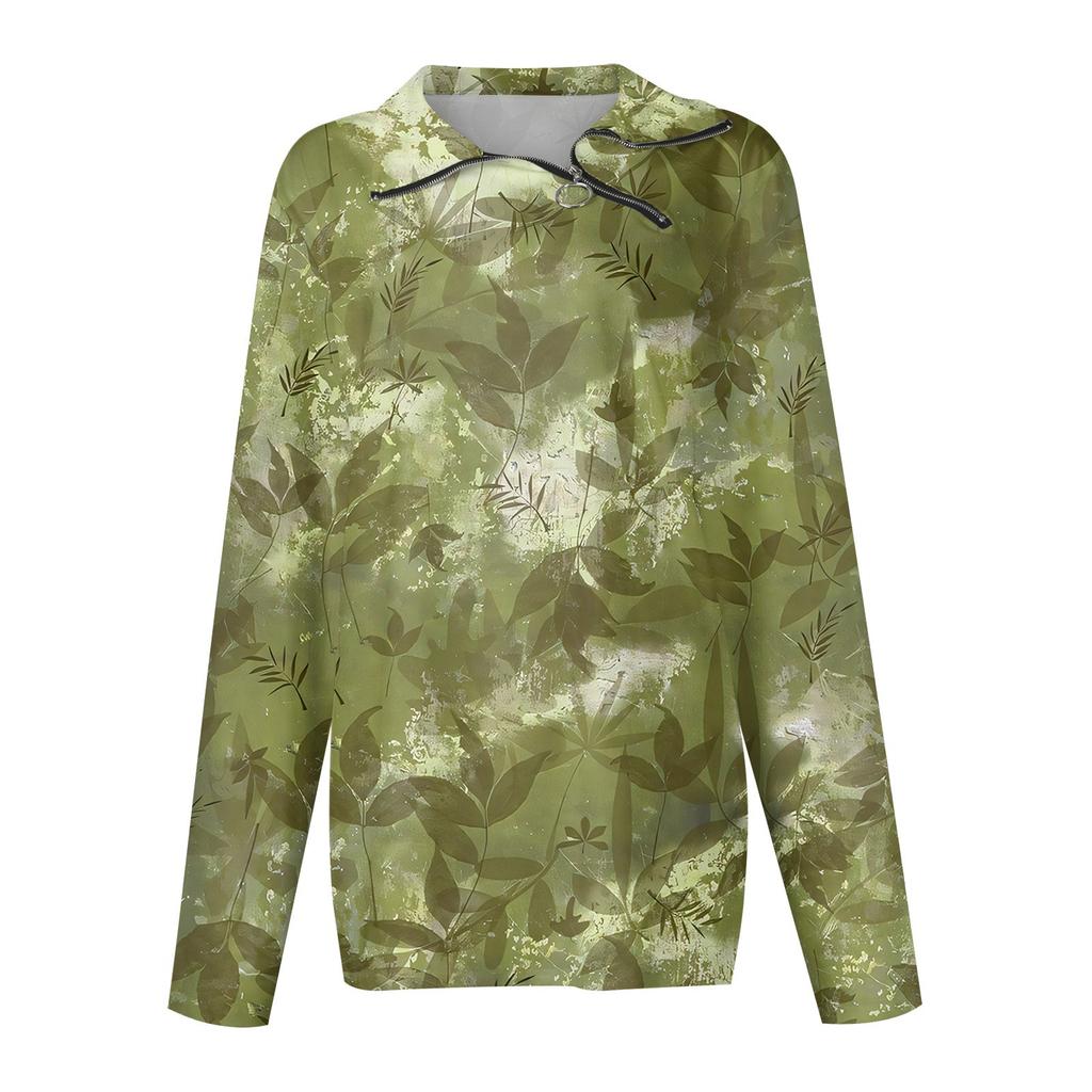 Damen Herbst T-Shirt Lockerer Pullover Sport Tops Reißverschluss Lässig V-Ausschnitt Langarm Bedrucktes Oberteil