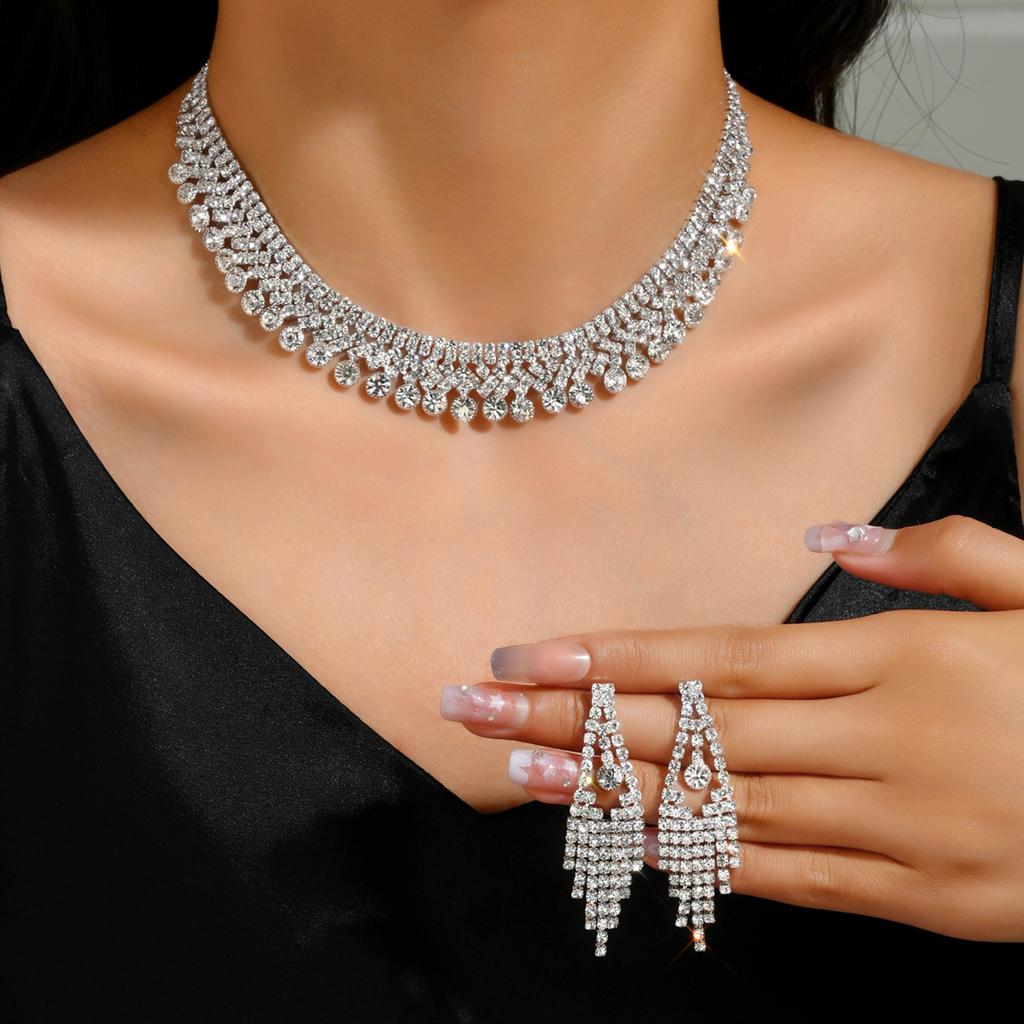 3PCS Fashion Zircon Set Tassel Water Diamond Earrings Necklace Party Fashion Accessories