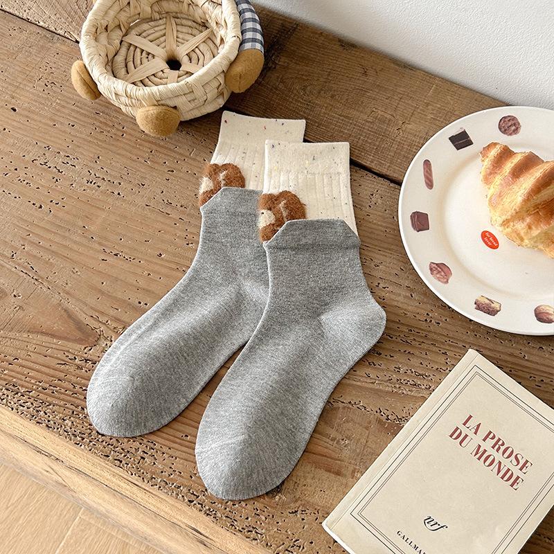 

Носки из точечной пряжи, Женские мультяшные плюшевые носки до середины икры с животными, Осенне-зимние цветные махровые носки, Серые носки 1 pair светло-серый