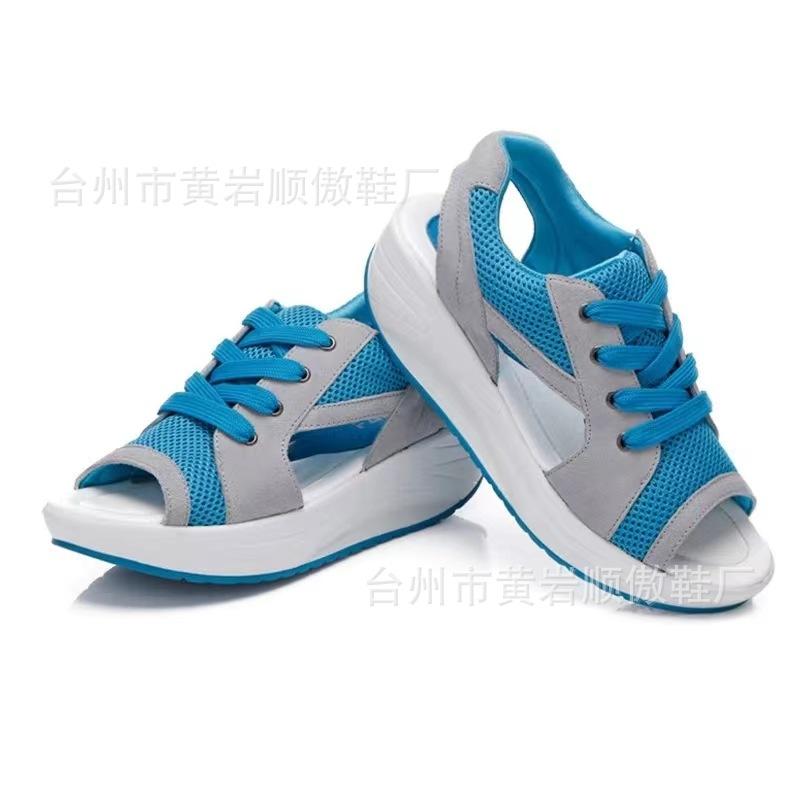 Sandals Women's Summer New Fashion Fish Mouth Sandals Lace-up Wedge Heel Rocking Bottom Sports Sandals