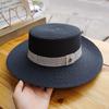 Flat Top Hat Women's Summer Rhinestone Label Straw Hat Vacation Beach Sunscreen Sun Hat Fashion Flat Brim White Top Hat