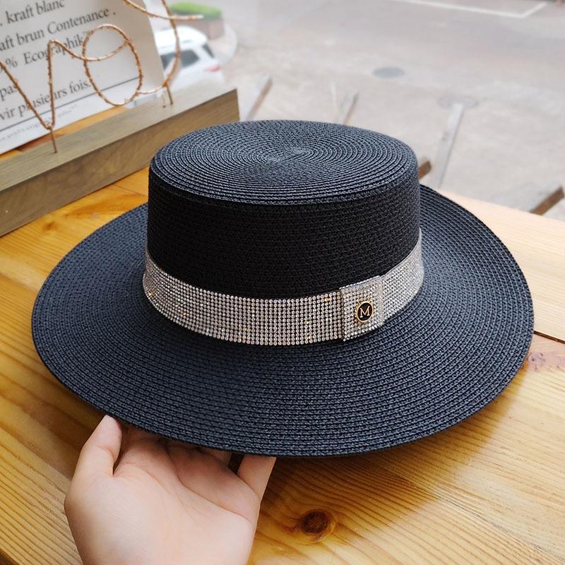 Flat Top Hat Women's Summer Rhinestone Label Straw Hat Vacation Beach Sunscreen Sun Hat Fashion Flat Brim White Top Hat