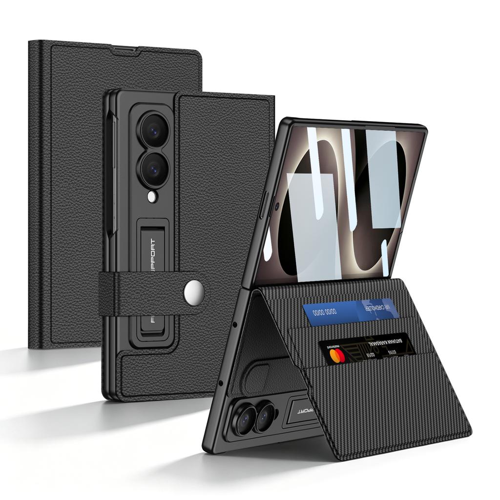 Book Flip Leather Credit Cards Pocket Case for Samsung Galaxy Z Fold 8 Fold8 Solid Color Wallet Tempered Glass Flim Back Cover