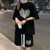 2Pcs/Set Men Summer Outfit Round Neck Short Sleeve Tops Wide Leg Shorts Set Heart Pattern Loose Fit Tracksuit