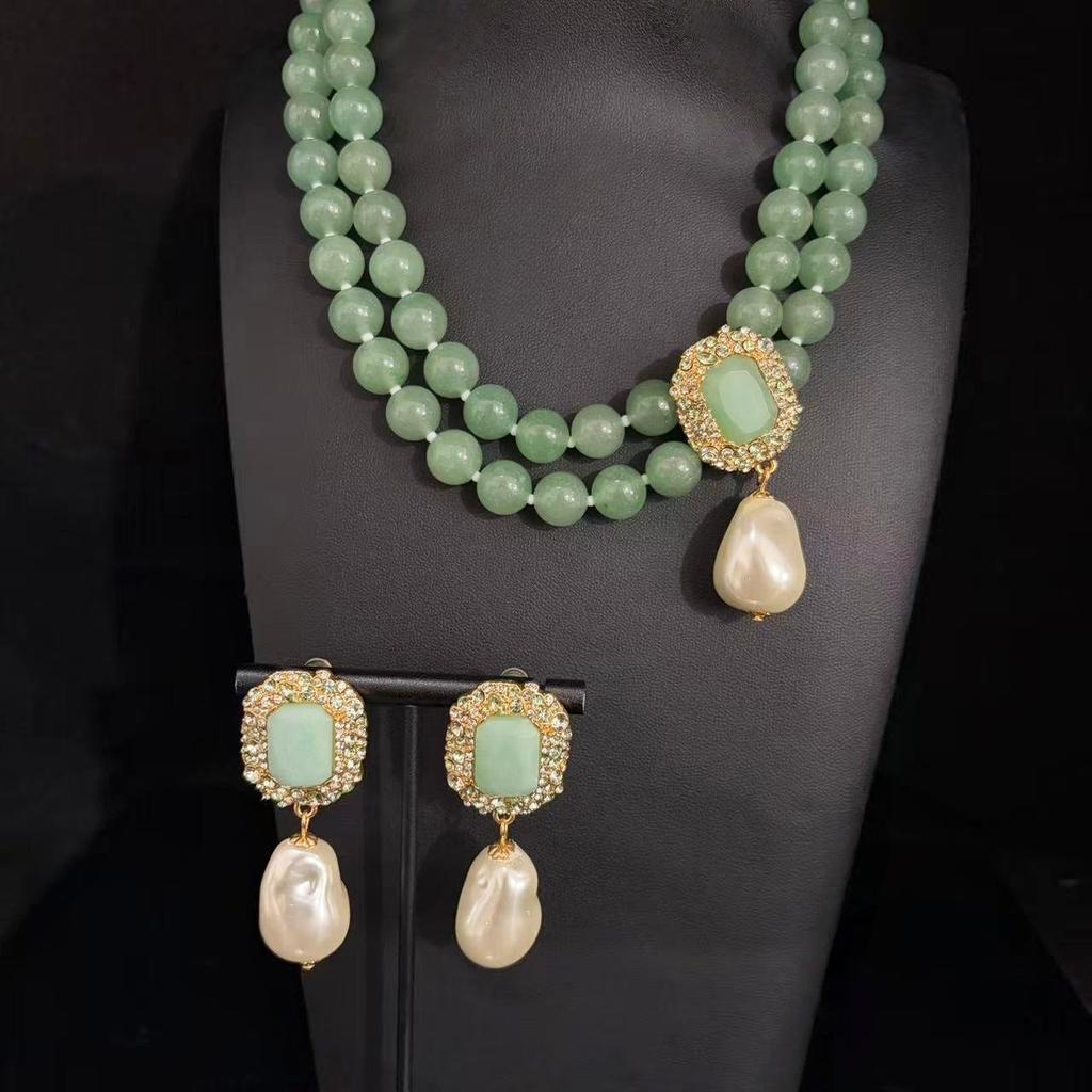 Jade Round Bead Water Drop Accessories Round Bead Collarbone Chain High-End Necklace Stud Earrings