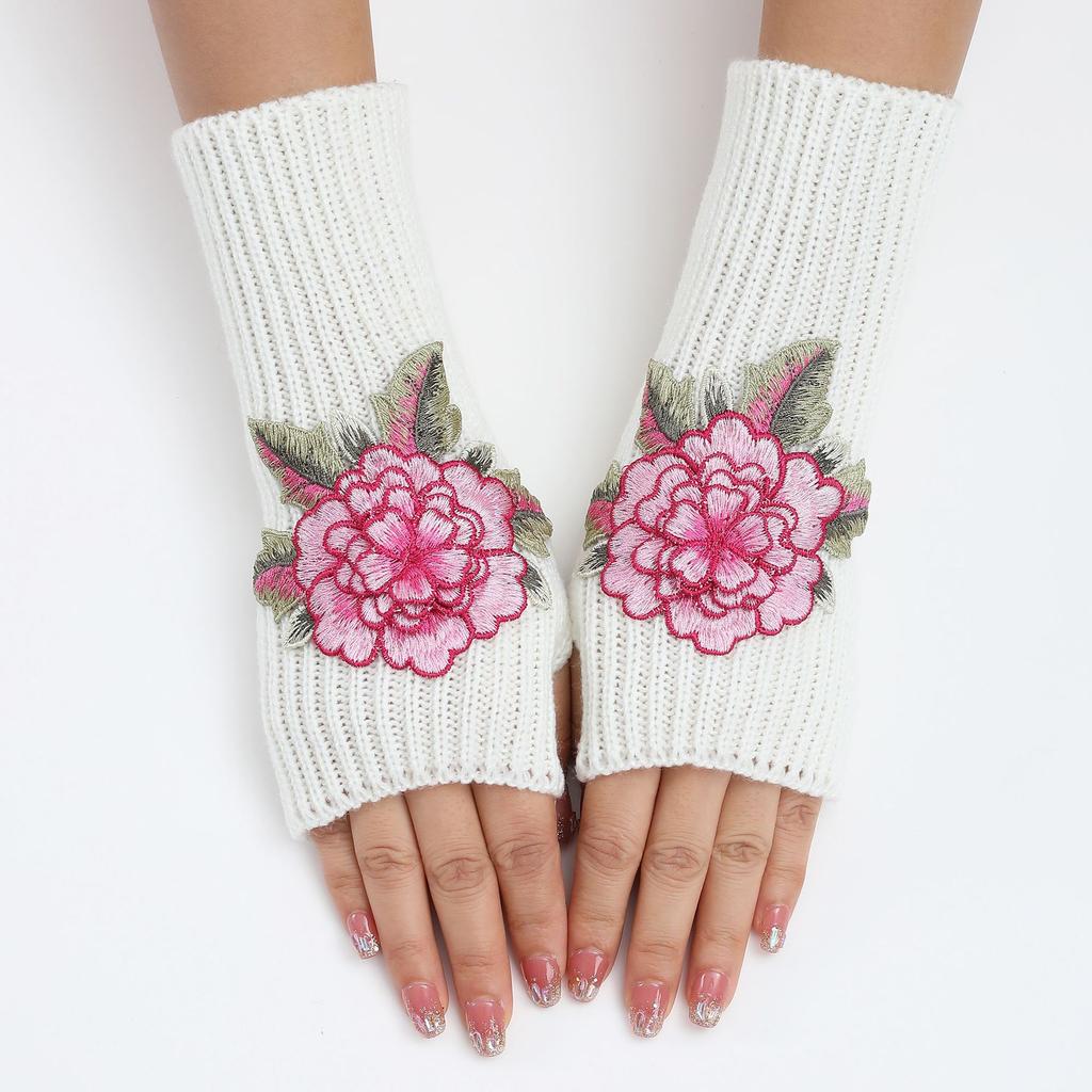 New Autumn and Winter Women's Knitted Woolen Sleeve Sleeves Half Finger Exposed Gloves Fashionable and Warm Short Wrist Guards Flower Gloves